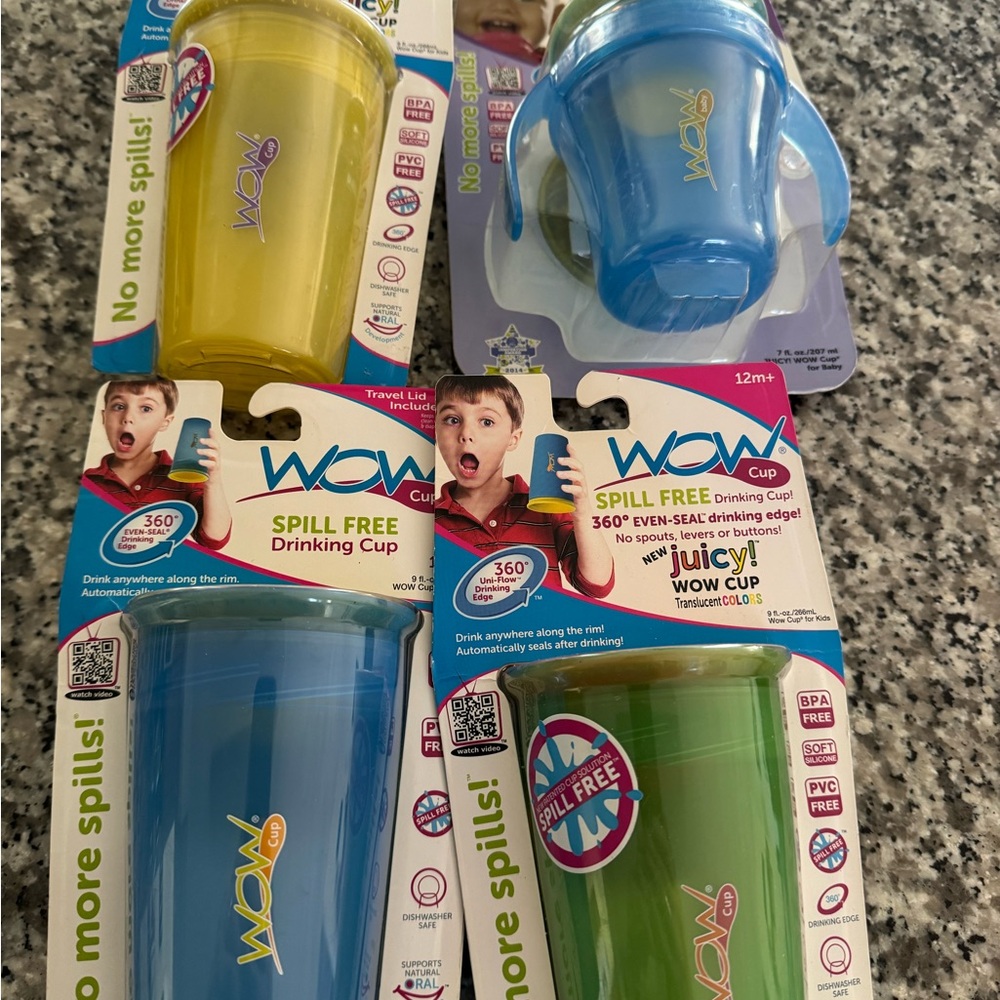 4 new WOW Cup Spill-Free Drinking Cups - Blue, Green, Yellow